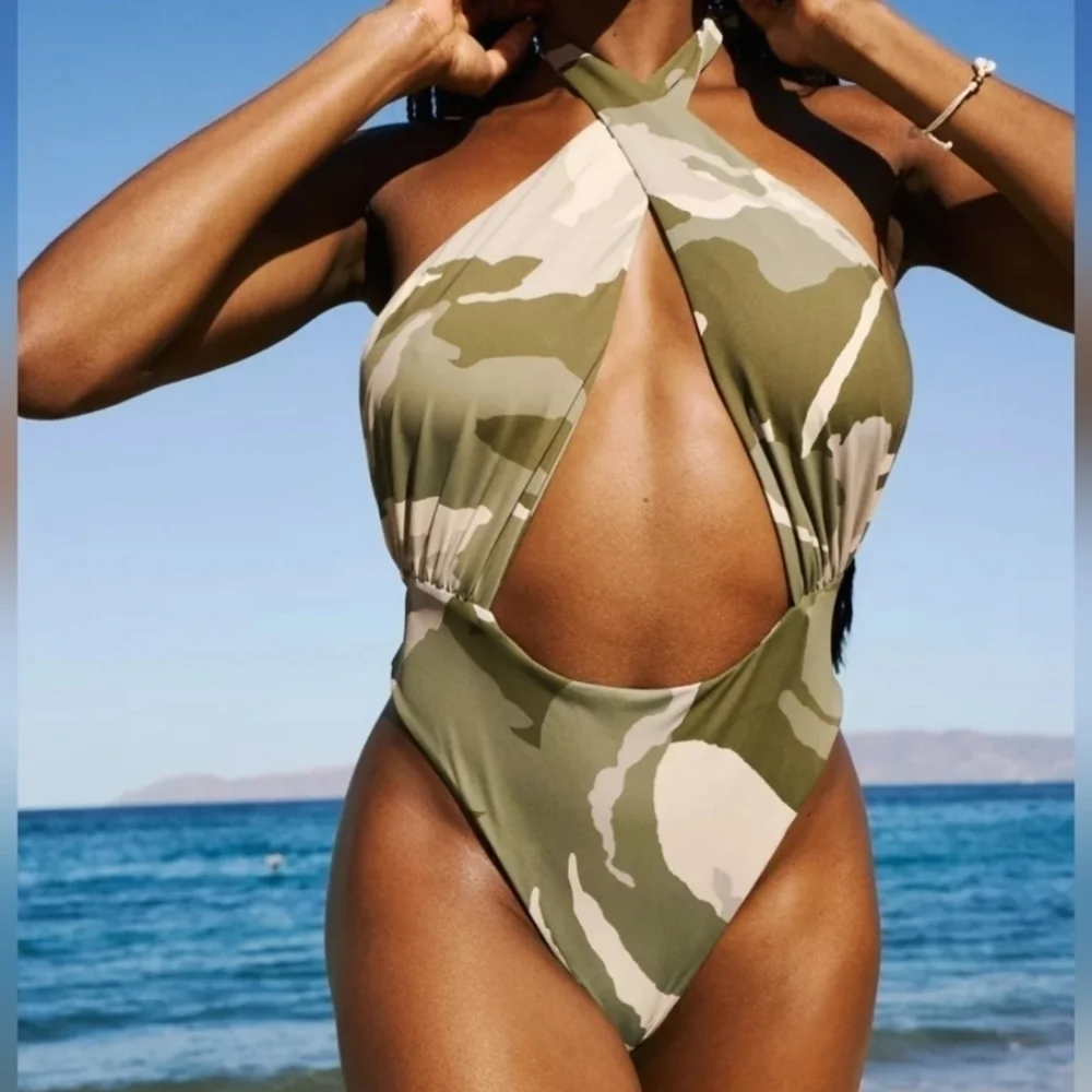 Out From Under Lucia Printed Wrap One Piece Cut Our Swimsuit in Camo Sz Med NWT